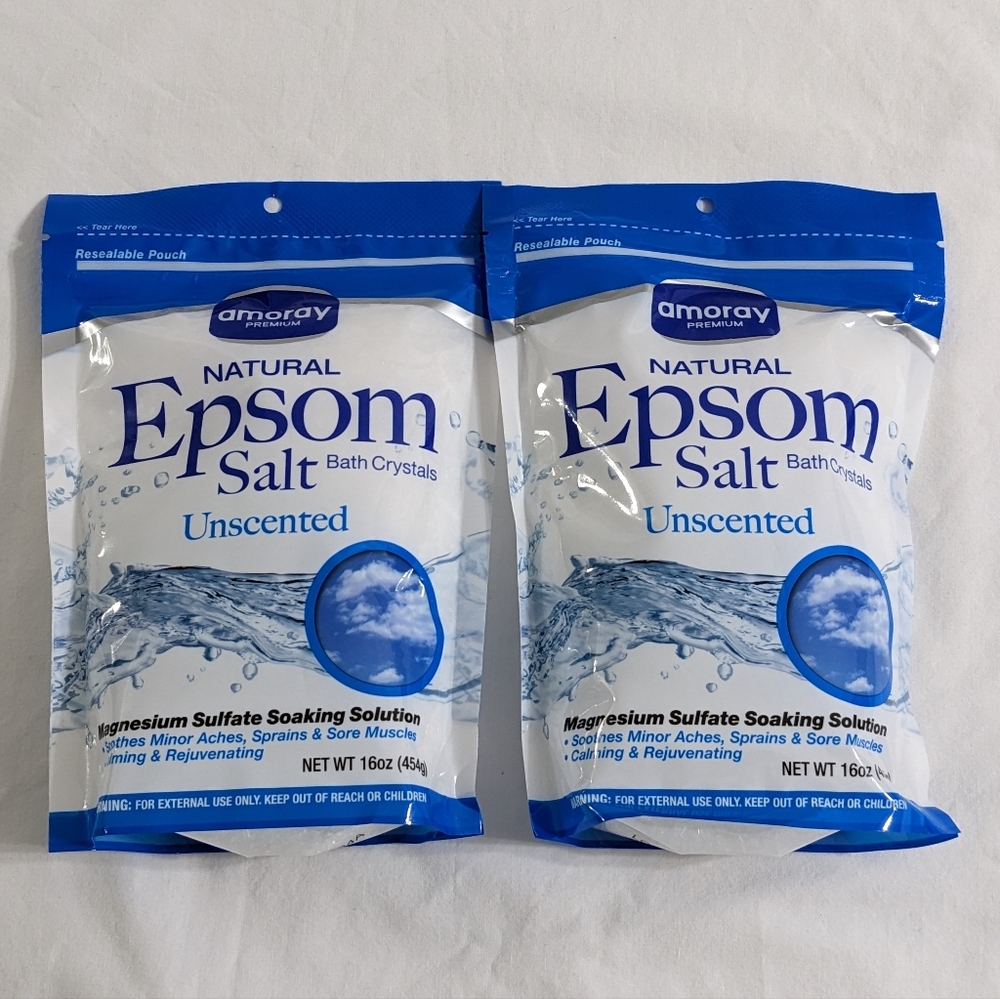 Amoray Natural Epsom Salts Bath Crystals, Unscented, Bundle of 2, 16 oz., NEW